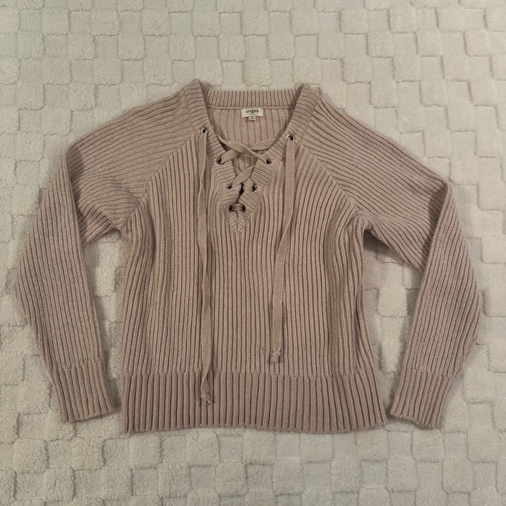 Umgee Cream Chenille Front Lace Oversized Sweater, Women’s Medium